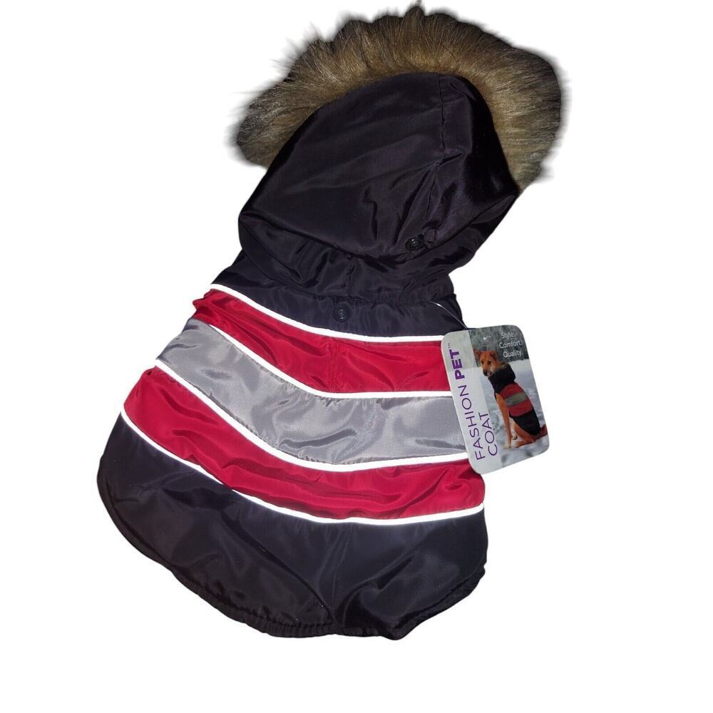 FASHION PET Diagonal Stripe Puffy Coat Red Gray Black XS With Faux Fur